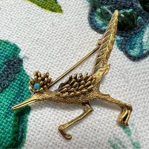 Vintage Signed Tortolani Gold Tone Roadrunner Bird w/ Faux Turquoise Pin Brooch